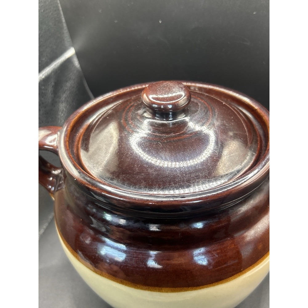 Vintage USA Glazed Stoneware Ceramic Pottery Bean Pot - Brown and Beige - Picture 2 of 4